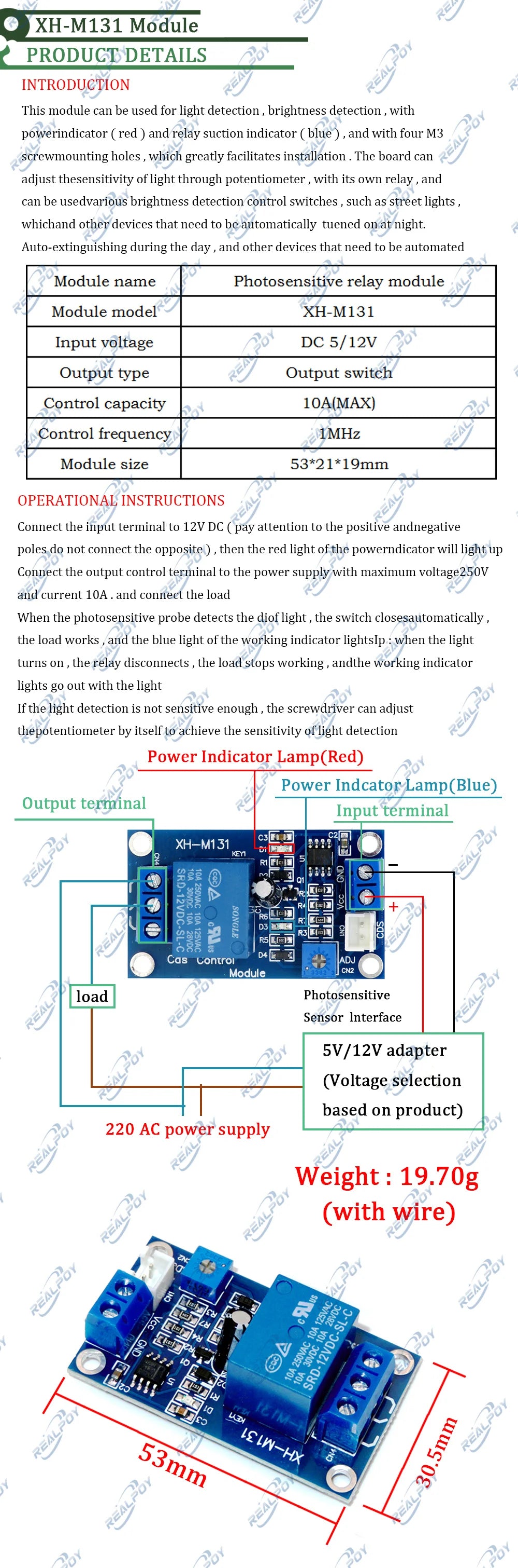 XH-M131 DC 5V/12V/24V  Light Control Switch Photoresistor Relay Module Detection Sensor 10A brightness Automatic Control Module