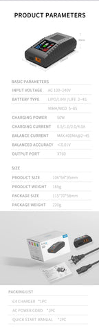 ToolkitRC C4 Charger 50W 5A AC XT60 Plug Charger for RC FPV Racing Freestyle Drone LIPO LIHV LIFE 2~4S NIMH NICD 5~8S Batteries