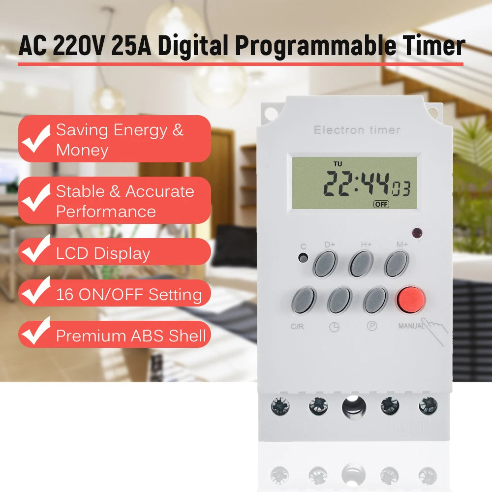 AC 220V 25A Digital Programmable Timer Din Rail Electronic   Controller with LCD Display Clock Electronic Timer
