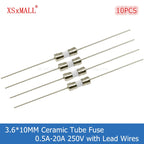 10PCS 3.6*10MM Fast Blow/Slow-Blow Ceramic Tube Fuse with Lead Wires 0.5A 1A 1.5A 2A 2.5A 3A 3.15A 4A 5A 6.3A 8A 10A 15A 20A250V