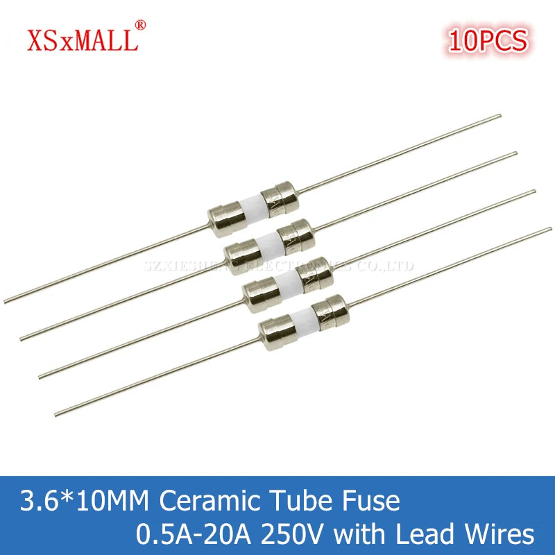 10PCS 3.6*10MM Fast Blow/Slow-Blow Ceramic Tube Fuse with Lead Wires 0.5A 1A 1.5A 2A 2.5A 3A 3.15A 4A 5A 6.3A 8A 10A 15A 20A250V