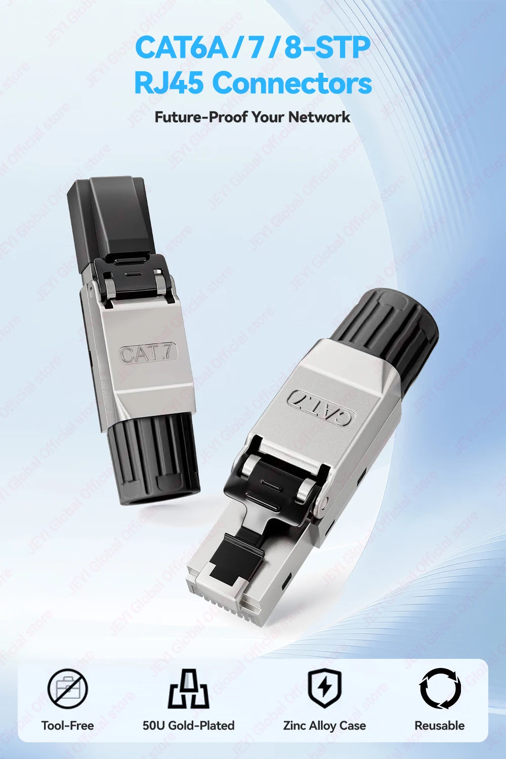 JEYI CAT8/CAT7/CAT6A RJ45 Toolless Ethernet Cable Connector 40Gbps/10Gbps Shielded Network Cable Plug for 22-24AWG STP Lan Cable