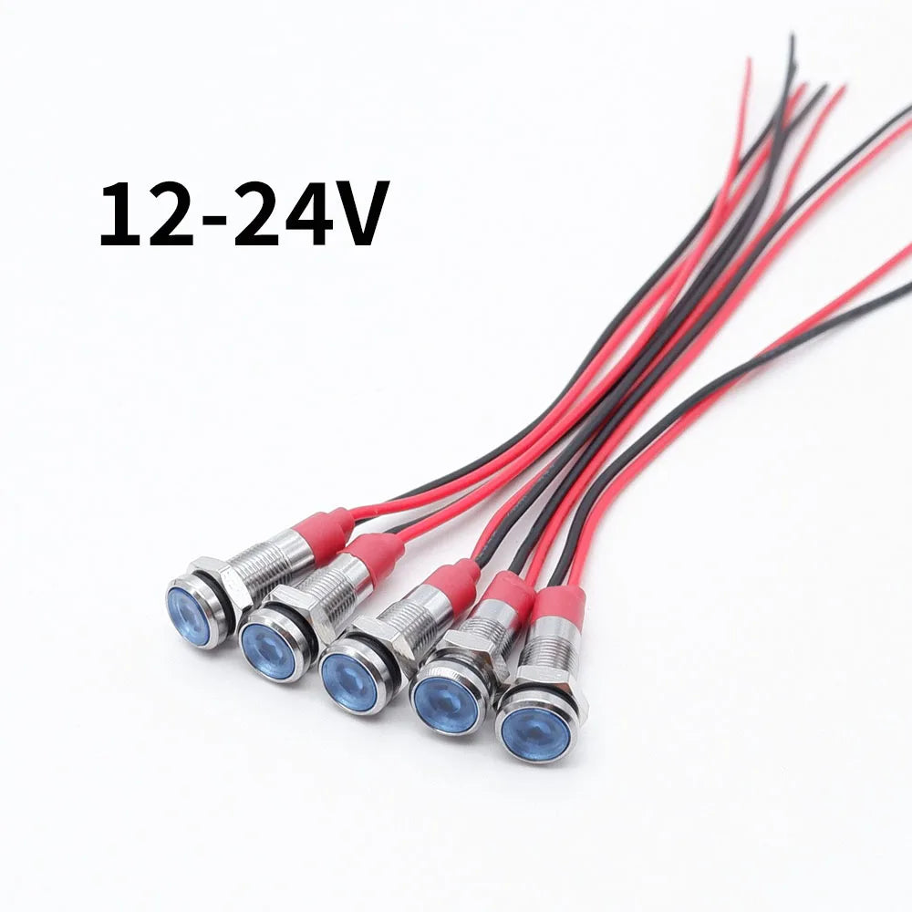 5pcs 6mm Metal Indicator Light LED Warning Signal Lamp Pilot With Wire 3V 5V 6V 12V 24V 220V Red Orange Blue Green White