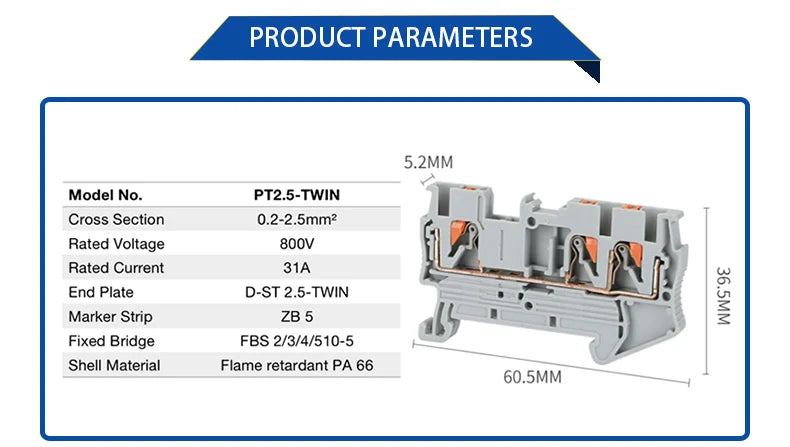 100Pcs PT2.5-TWIN Push-In Twin 3-Conductor Feed-Through Strip Wire Electrical Connector Din Rail Terminal Block PT 2.5 TW