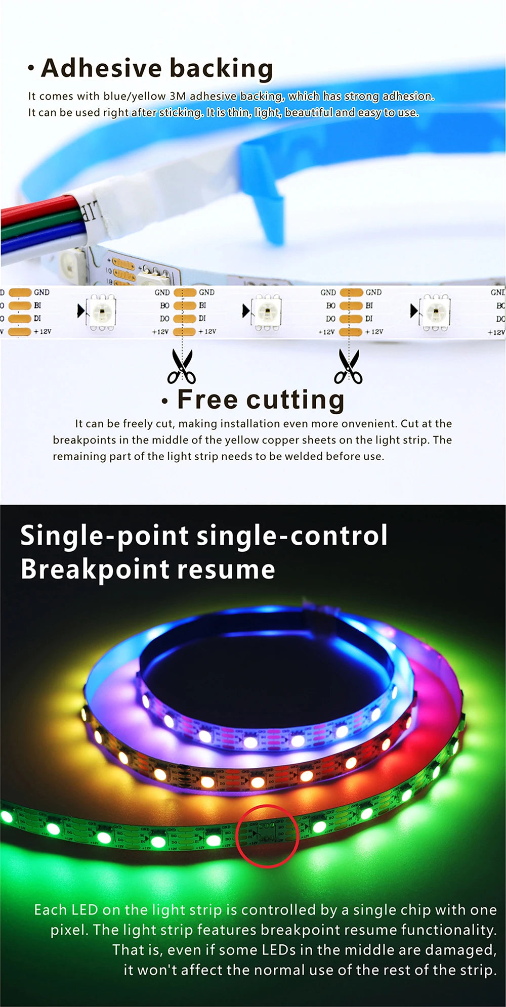 WS2815 DC12V RGB LED Strip 5050 30/60/144LEDs/m Breakpoint Resume Individually Addressable Black White PCB IP30 IP65 IP67 Dream