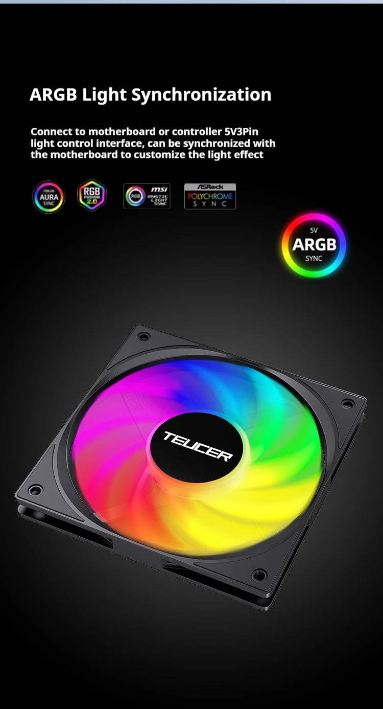TEUCER UT-12015 120mm ARGB FDB Bearing Slim Cooling Fan High-Performance PC Case Fan for CPU Cooling and PC Builds