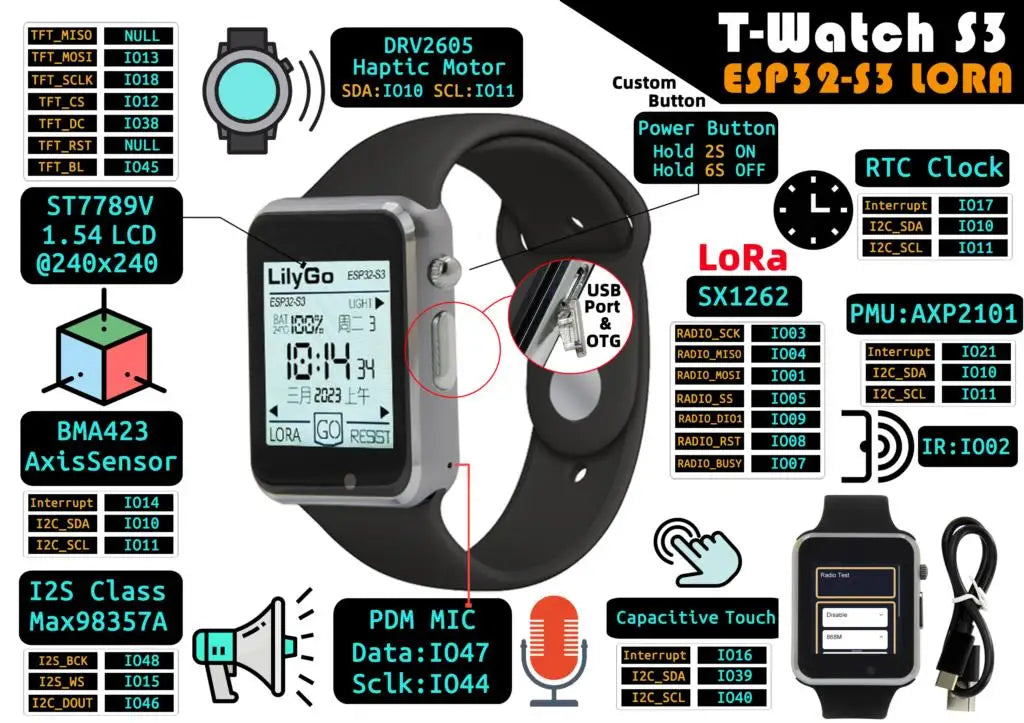 T-Watch-S3 Programmable Touchable Watch Integrated ESP32-S3 WIFI Bluetooth LoRa BMA423 Sensor MAX98357A Mic Speaker