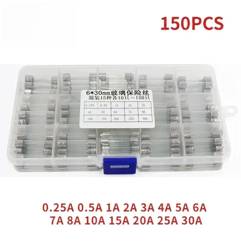 150PCS 6x30mm Glass Fuses Kit Car Glass Tube Fuse 0.25A 0.5A 1A 2A 3A 4A 5A 6A 7A 8A 10A 15A 20A 25A 30A