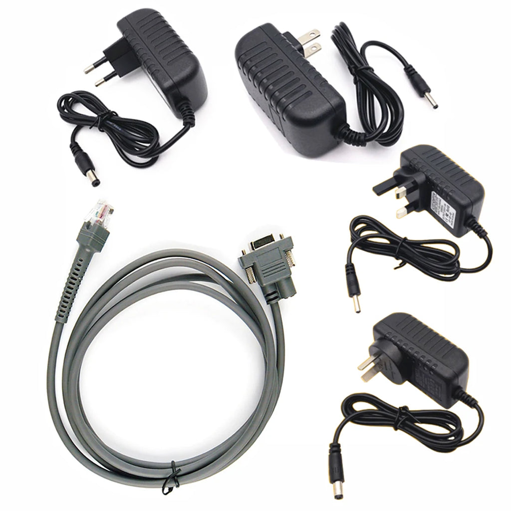 2/3/5M RS232 Straight Harness AC Adapter US EU Plug Power Supply Zebra Symbol LS2208 LS4208 LS9208 Barcode Scanner Serial Cable