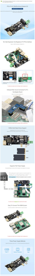 PCIe To.2 Multifunctional Adapter (E) Raspberry Pi 5, 4K Output, Onboard PoE Power Supply And PCIe To.2