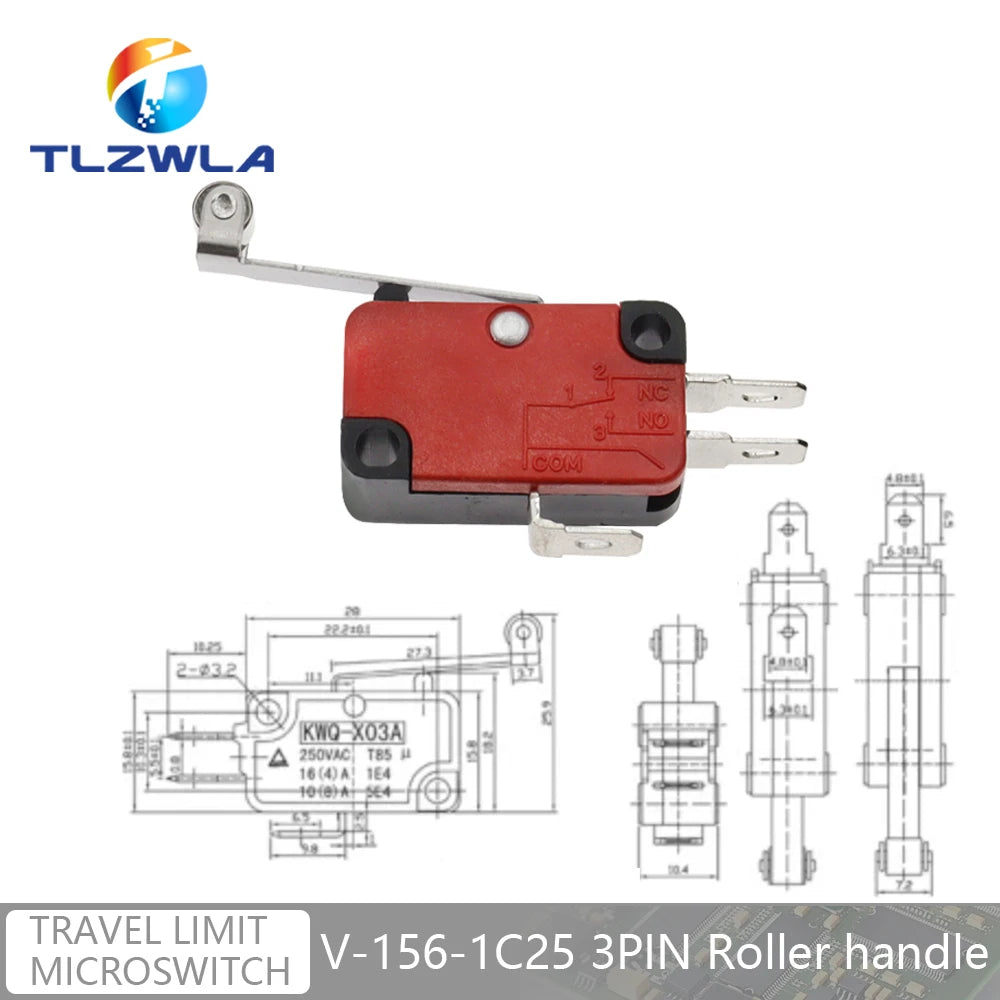 16A 250VAC SPDT Momentary Travel Limit Micro Switch 1NO1NC 3/6Pin Lever Roller V-15 V-151 V-152 V-153 V-154 V-155 Microswitch