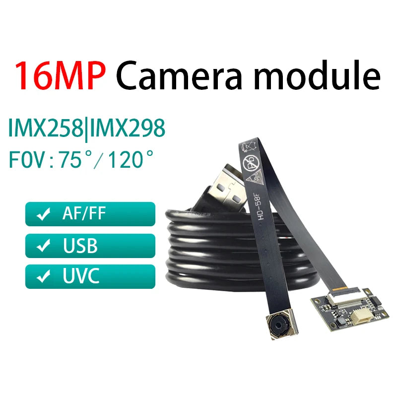 USB Camera Module 16MP 4656x3496 4K CMOS IMX258 AF/MF/FF 75 Degree 30FPS Wide Angle MJPEG YUY2 IMX298 for Digital Cameras