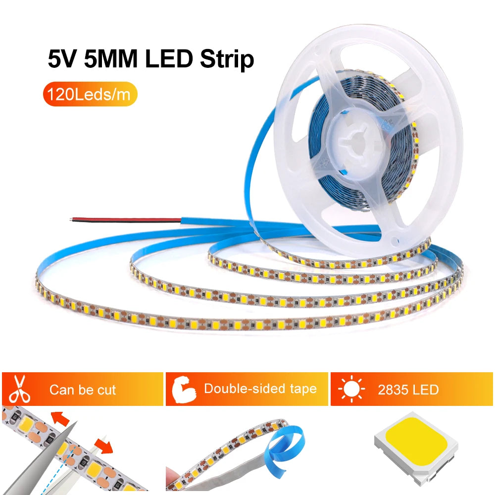 5V 2835 LED Strip Light 3mm 5mm 8mm PCB Width 120Leds/m Flexible LED Tape Ribbon Diode USB/2PIN Wire Led Lights for Room Decor