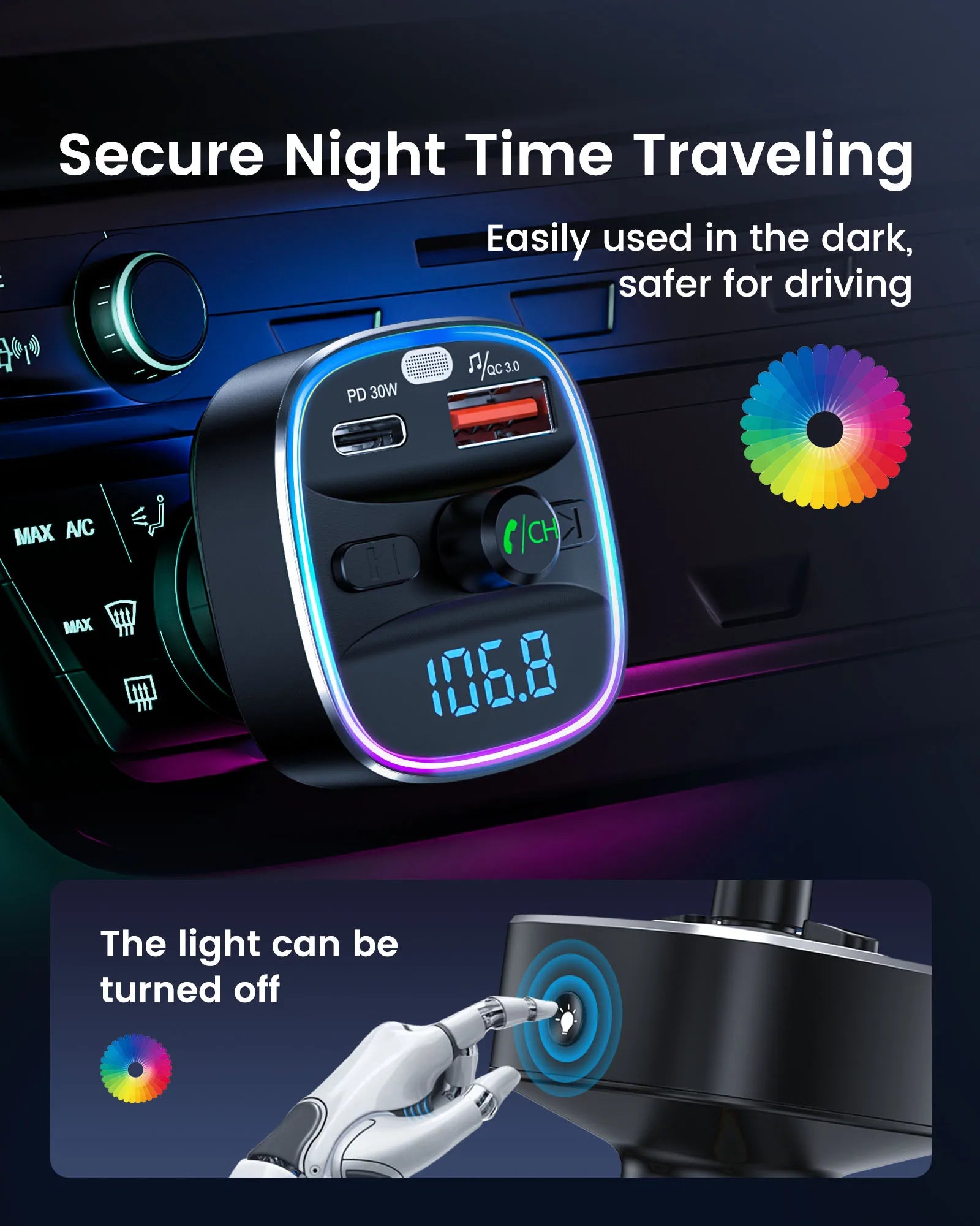 LENCENT Bluetooth 5.4 FM Transmitter with PD 30W &QC 18W Fast Charging Hands-Free Calling Wireless Radio Music Car Adapter