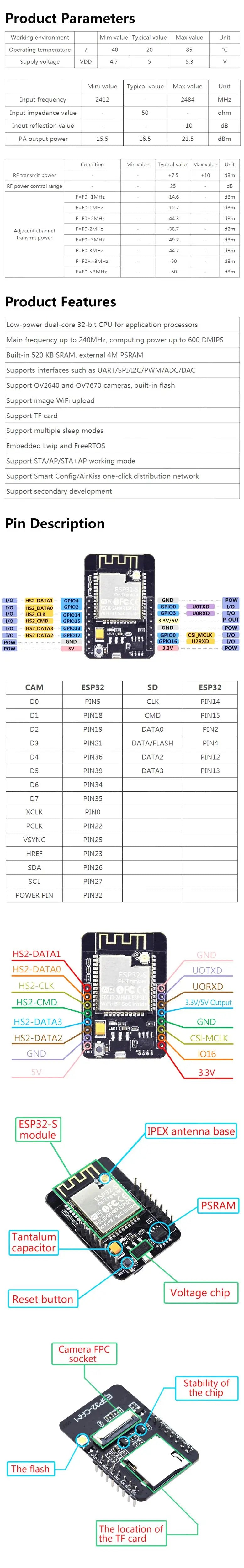 Si Tai&SH ESP32-CAM ESP32-CAM-MB MICRO USB ESP32 Serial to WiFi CAM Development Board CH340 CH340G 5V Bluetooth+OV2640 Camera