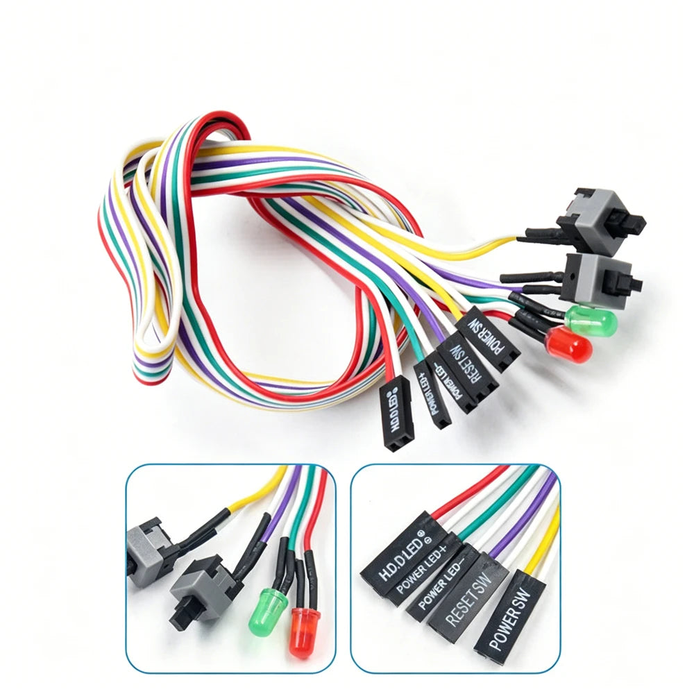 50/65cm PC Power On/Off & Reset Button Cable with LED Indicator, 1PCS Computer Mainboard Switch Connector