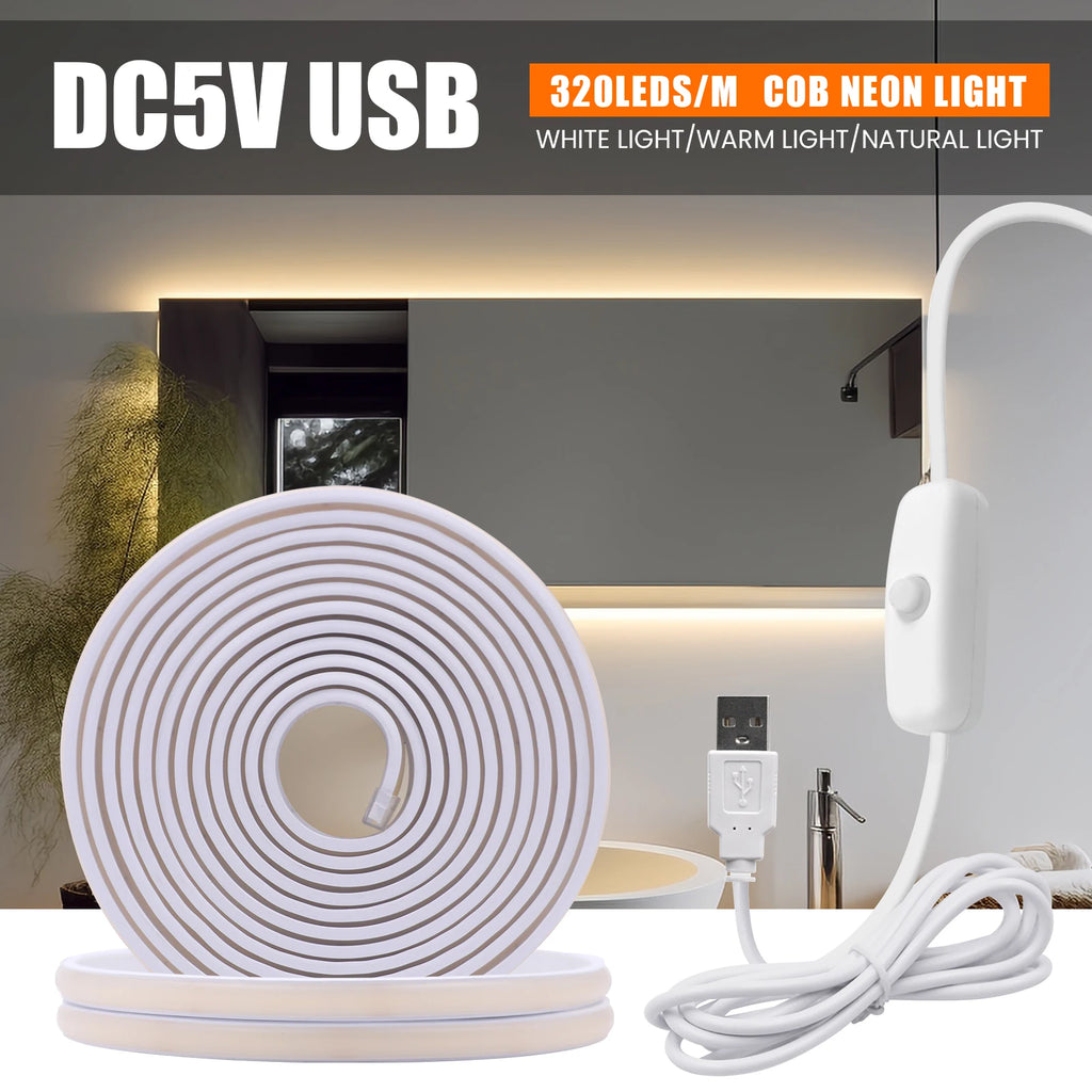 DC5V COB LED Strip With Switch 320Leds/m Flexible Neon Light USB Power Waterproof FOB LED Lights 3000K-6000K Ribbon Tape