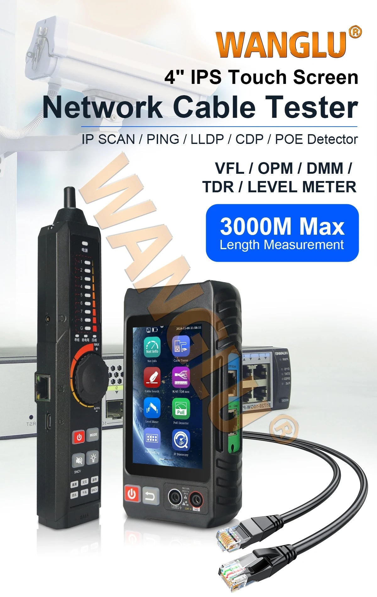 WANGLU All-in-One PoE Network Cable Tester, RJ45 TDR Test, PoE Detector, Digital multimeter & Fiber OPM/VFL/Level Meter LT-600T