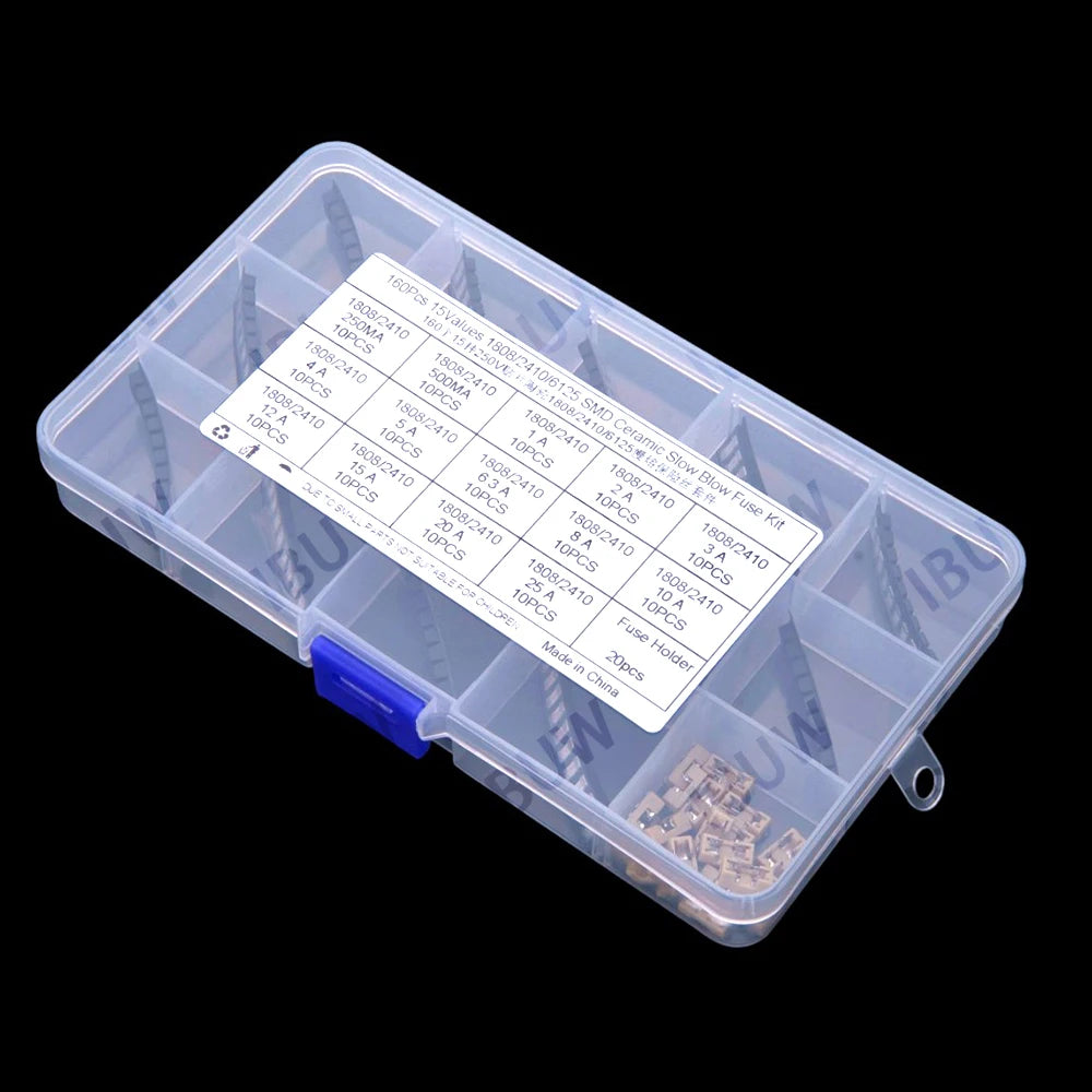 160PCS 250MA-25A 1A 2A 3A 4A 5A 15Values 2410 6125 1808 SMD Ceramic Slow Blow Fuse KIT 250MA 500MA  6.3A 8A 10A 12A 15A 20A 25A