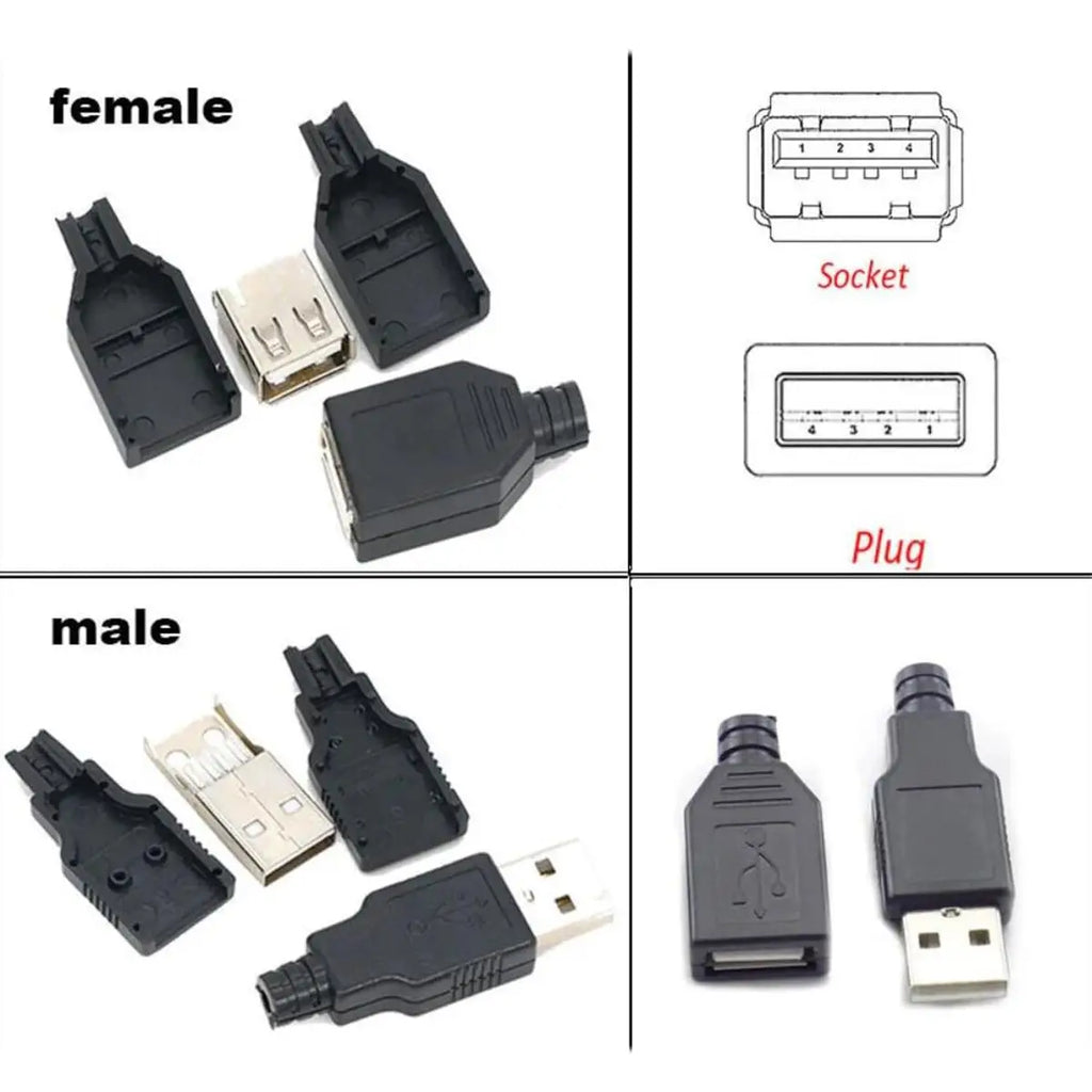 10pcs Type A USB interface (Male/Female), equipped with a black plastic cover, used for computer peripherals and port adapters.