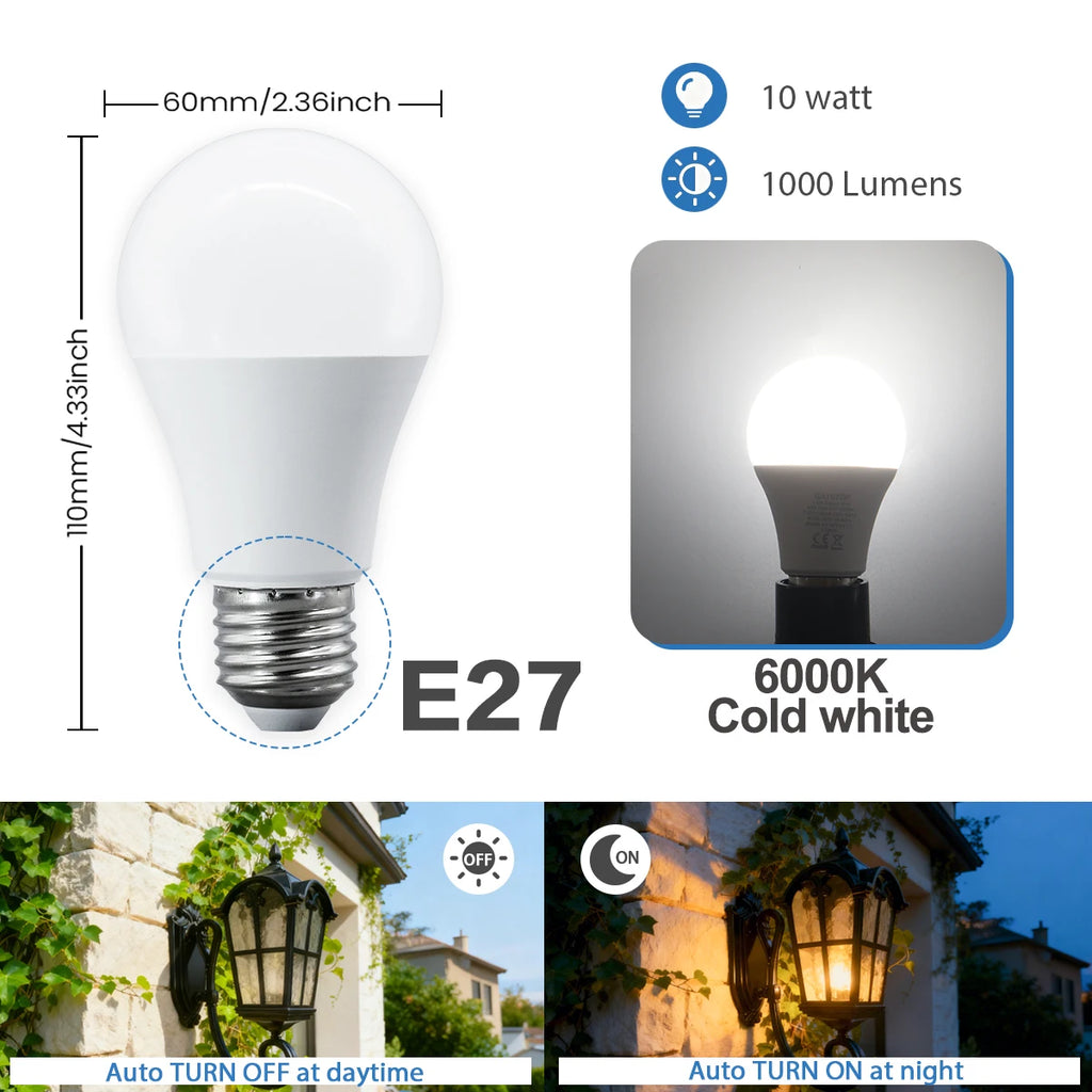 2Pack Led Sensor Control Bulb B22 E27  Bulb Light Dusk To Down AC100-240V 1000lm 10W 3000K-6000K for Underground Garage Corridor
