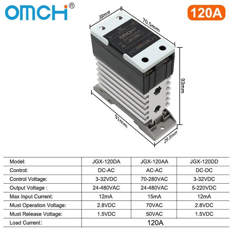 OMCH DIN Rail SSR Solid State Relay With Aluminum Heat Sink DA AA DD 3-32VDC 10A 25A 40A 60A 80A 100A 120A Single Phase Control