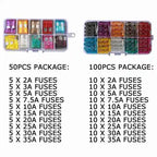 50/100Pcs Car Fuses Kit Assorted Auto Truck Standard Blade Fuse Assortment 2A 3A 5A 7.5A 10A 15A 20A 25A 30A 35A Auto Fuse