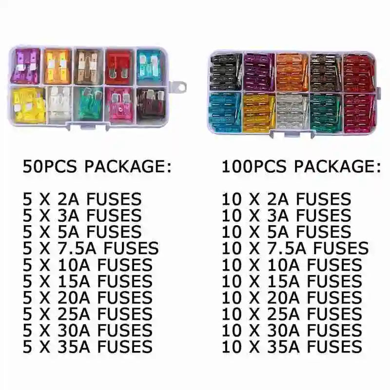 50/100Pcs Car Fuses Kit Assorted Auto Truck Standard Blade Fuse Assortment 2A 3A 5A 7.5A 10A 15A 20A 25A 30A 35A Auto Fuse
