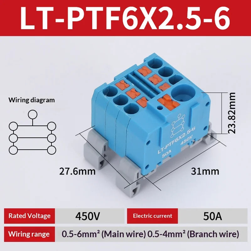 Push-in Terminal Block PTF6X2.5mm One in Multiple Out Splitter Spliceable Wire Connectors DIN Rail Junction Box Electrical Joint