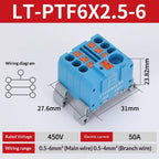 Push-in Terminal Block PTF6X2.5mm One in Multiple Out Splitter Spliceable Wire Connectors DIN Rail Junction Box Electrical Joint