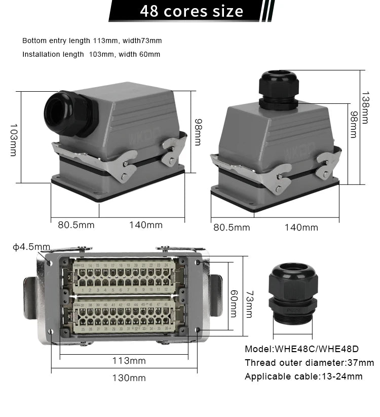 HDC HE Heavy Duty Connector 6/10/16/24/32/48 Core Pin Top/Side Outlet Aviation Plug Rectangular Waterproof Electrical Wiring