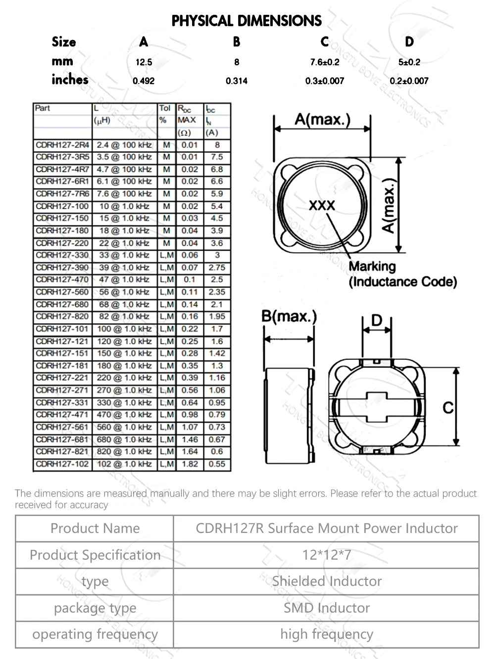 CDRH127 Power Inductor 2.2/3.3/4.7/6.8/10/15/22/33/47/68/100/150/220/330/470UH SMD Inductance CD127 12*12*7mm