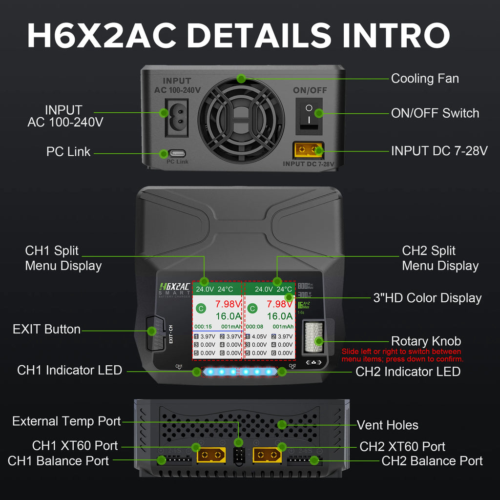 HTRC H6X2AC Dual Channel Battery Charger DC 400WX2 AC300W 16AX2 for 1S~6S Lipo Li-ion LiFe LiHV LTO NiMh RC Battery Fast Charge