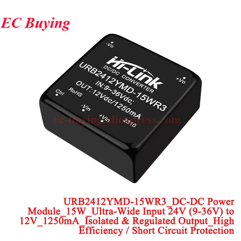 Hi-Link 15W 9-36V URB2405YMD URB2412YMD-15WR3 DC-DC 24V to 5V/12V/24V 3A 1.5A 1.2A Isolated Output Power Converter Supply Module