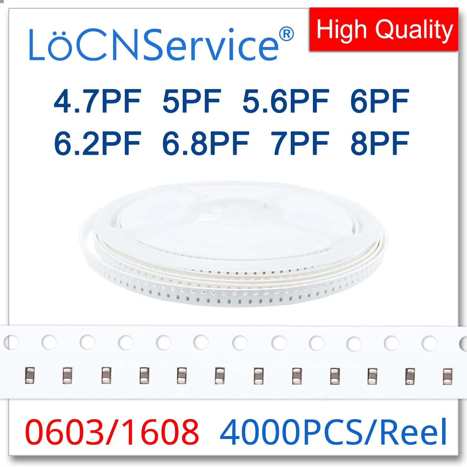 LoCNService SMD Capacitors 4000PCS 0603 1608 COG/NPO RoHS 50V 0.5% 5% 4.7PF 5PF 5.6PF 6PF 6.2PF 6.8PF 7PF 8PF High quality