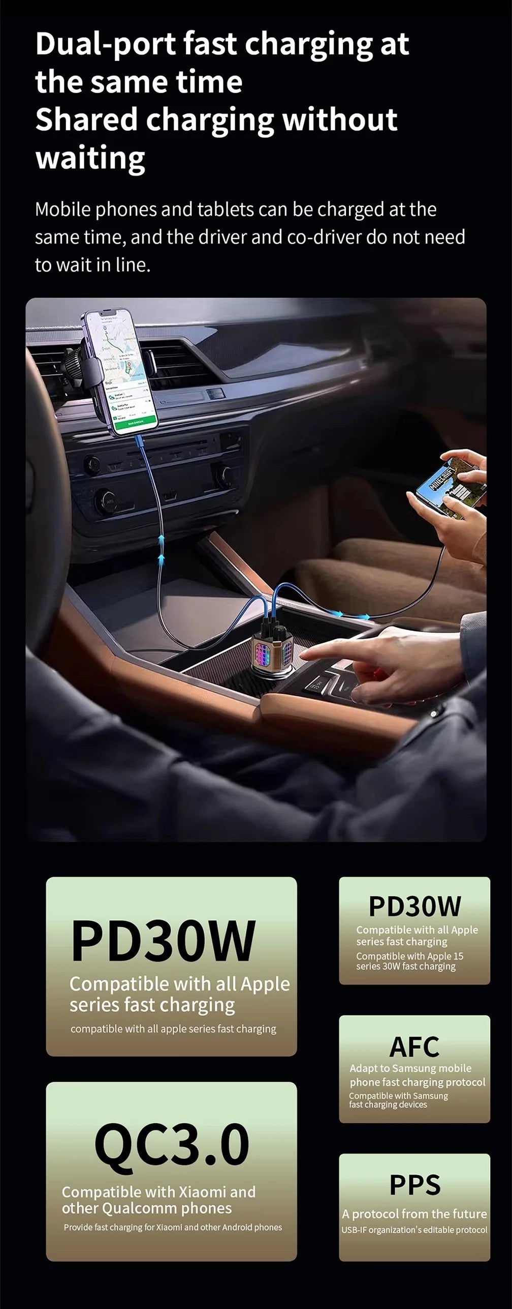 Car Adapter Bluetooth FM Transmitter For Car PD30W&QC3.0 Car Charger Bluetooth Adapter Zinc Alloy Color Light Hands-Free