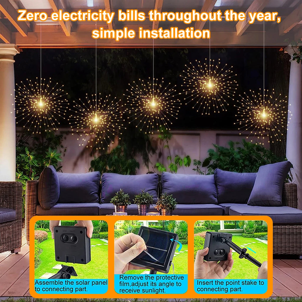 Solar Firework Lights Outdoor  - 90/150/200 LEDs, 8 Modes, Copper Wire Hanging Fairy Lights For Yard, Patio, Tent,Party,Xmas