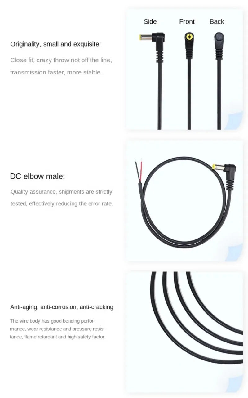 DC 5.5*2.1 / 5.5*2.5 Male 90 Degree Right Angle Connector Power DIY Cable Charging Line Monitoring Power Extension Wire