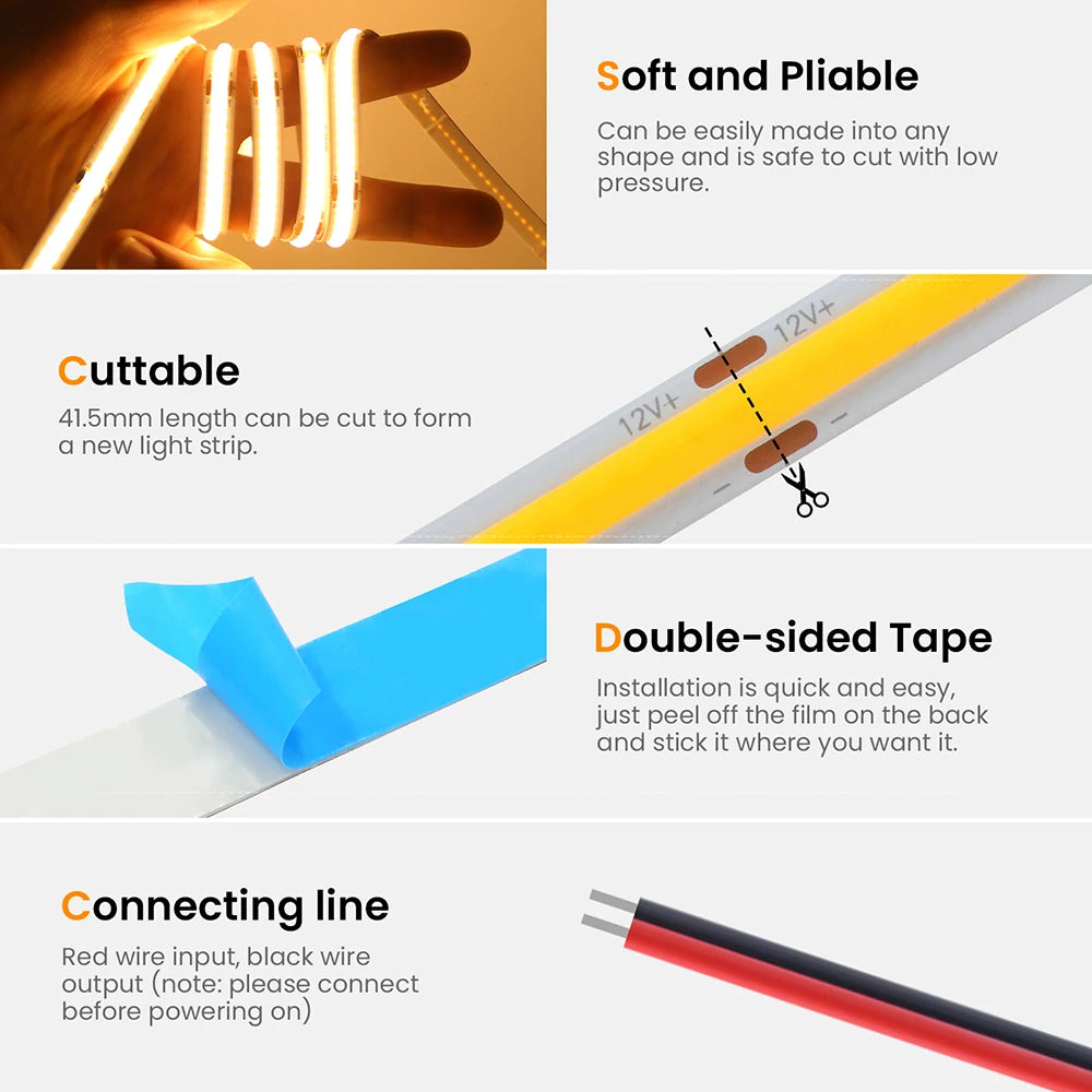 12V 5V USB COB LED Strip Light With 2Pin Wire 320 384 480 528 LEDs Flexible Tape Linear Lighting Warm White Pink Blue Red Yellow