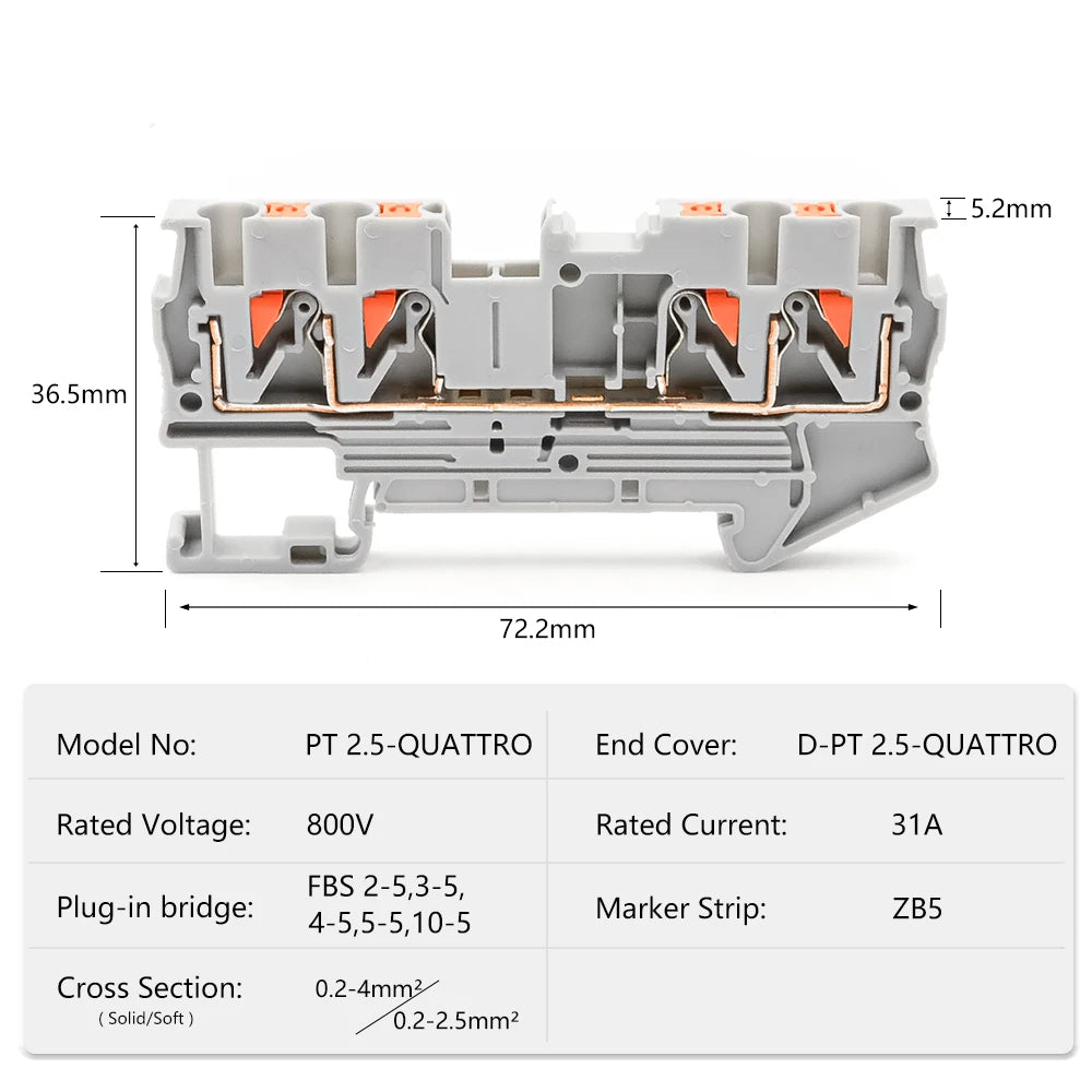 10Pcs PT 2.5-QUATTRO 4-Wire Terminal Block 2.5mm² DIN Rail Spring Clamp Electrical Compact Connections