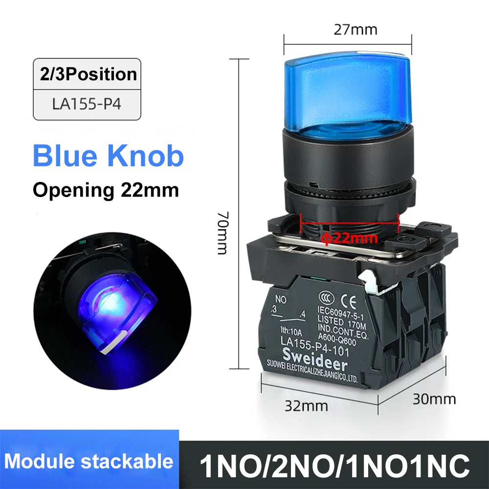 XB4 Knob Switch with LED 22mm 2/3Position Self Locking 1NO/2NO/1NO1NC Select Rotary Switch with Light 12V 24V 220V 10A Red Green