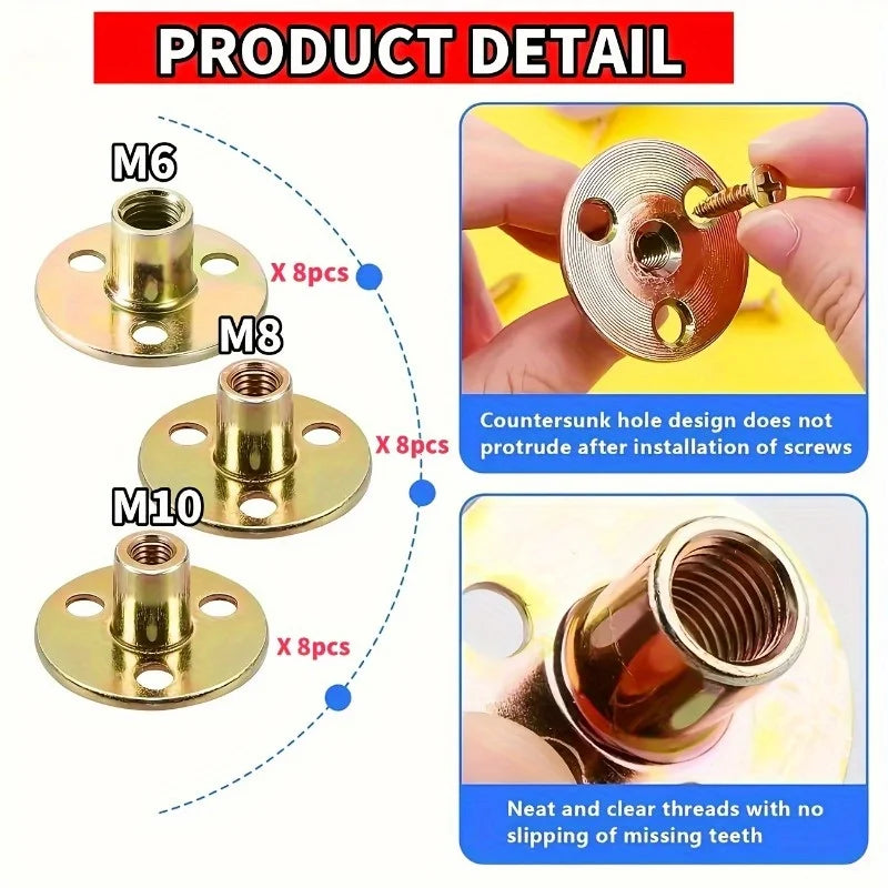 Iron Plate Nut Three-hole Flange Nuts M6 M8 M10 Coupling Thread Furniture Fastener Lock Sofa Furniture Accessory Fastener T Nuts