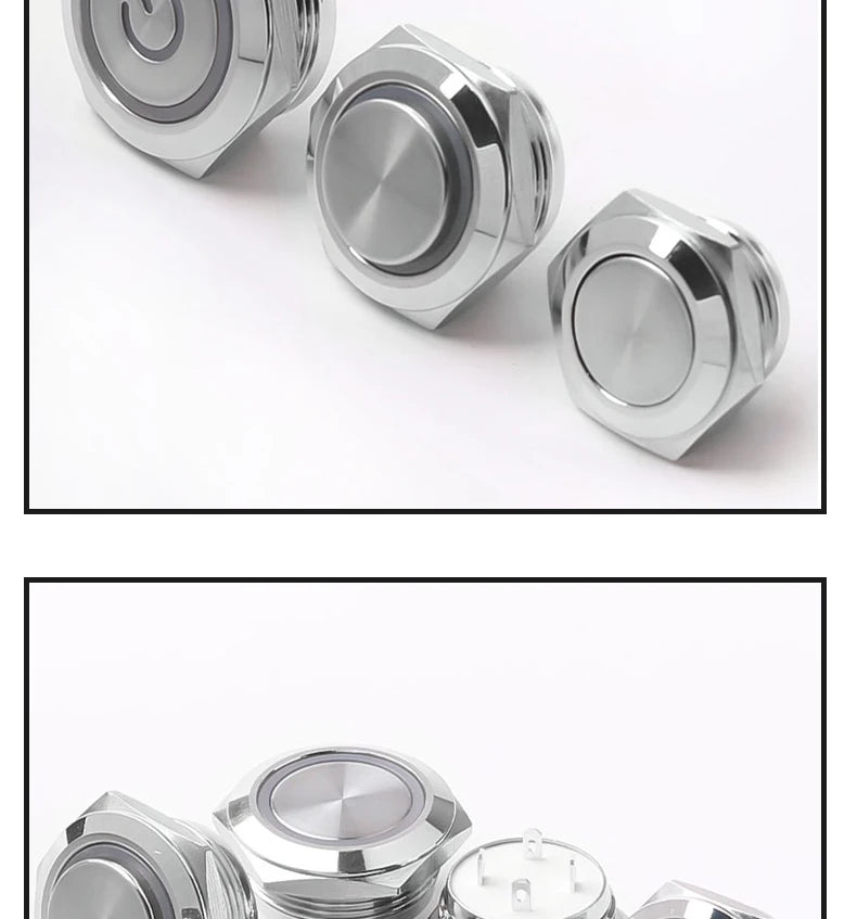 12/16/19/22mm Metal Push Button Switch Short Stroke Silver Shell Waterproof High Head With Power LED Light Momentary 1NO 6V 24V