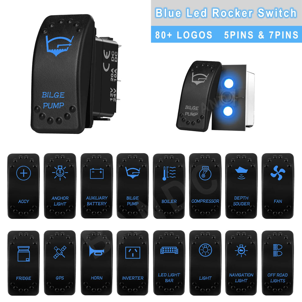 Waterproof Rocker Switch with Blue LED | 12V/24V Latching & Momentary (SPST/ DPDT) | for Marine, UTV, ATV, RZR, Automotive