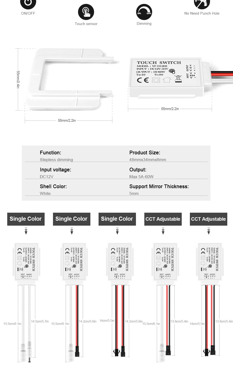 HOT DC12V-24V Dimmable Touch Sensor Switch For Single Color/ CCT Adjustable LED Strip Light Bathroom Mirror Backlight Switch