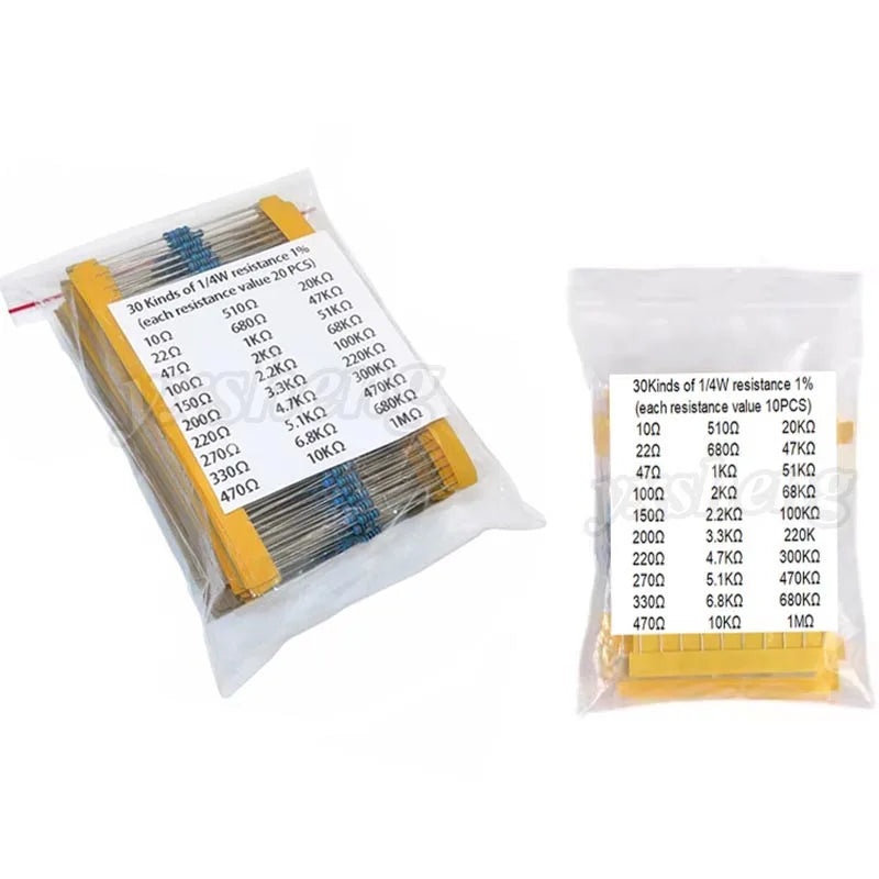 600pcs/set 30 Kinds 1/4W Resistance 1% Metal Film Resistor DSSUPPLY Pack Assorted Kit 1K 10K 100K 220ohm 1M Resistors 300pcs/set