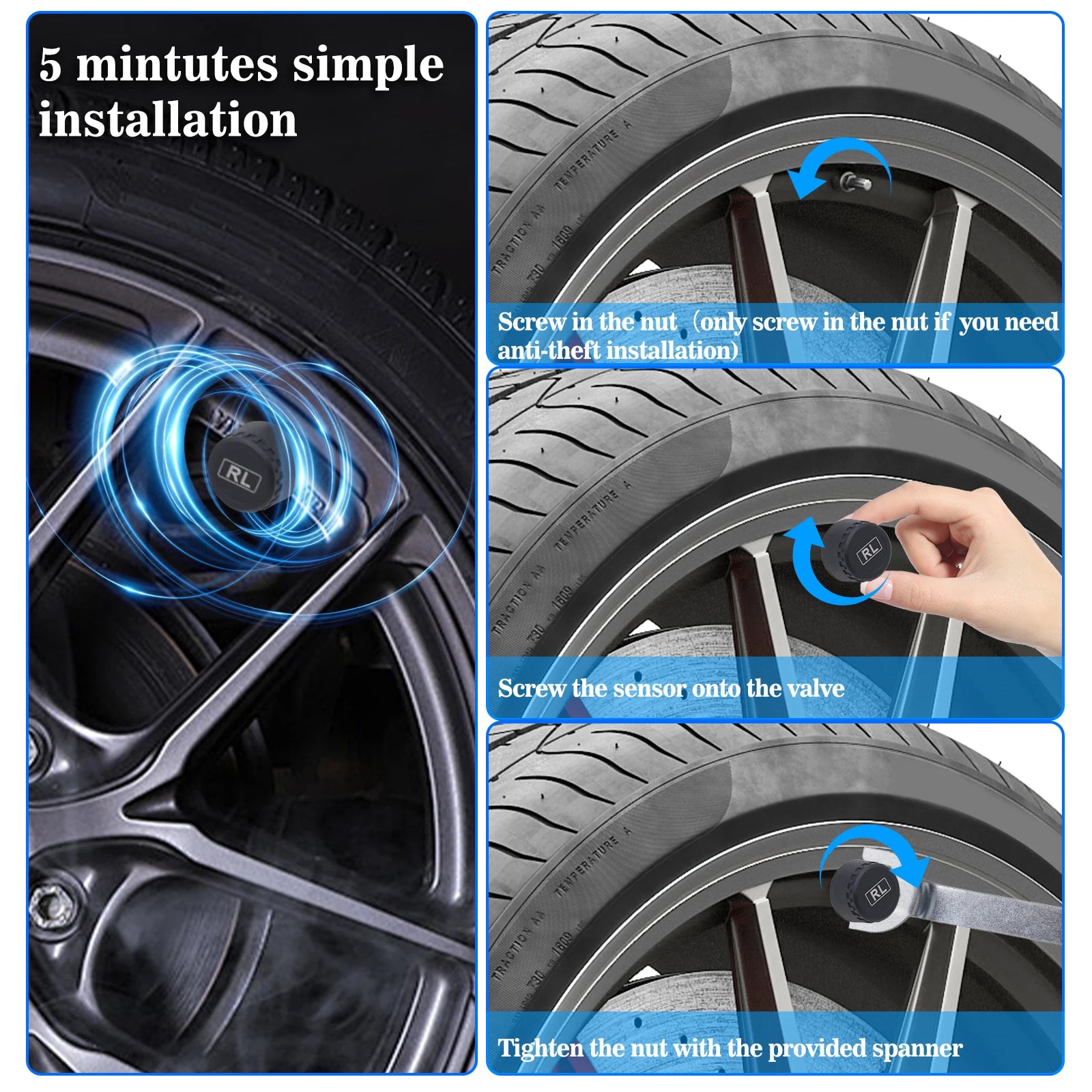 TPMS Solar Tire Pressure Sensor Car Tire Pressure Monitoring System with 4 Wheel Internal External Sensors TMPS