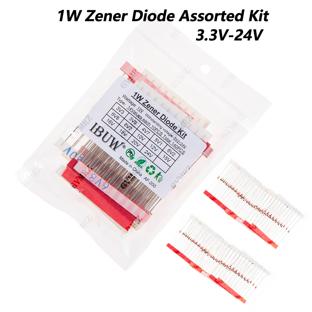 140pcs/Lot 1W Zener Diode Assorted Kit 3.3V-24V 14values*10pcs=140pcs Electronics Component Sample Set 3.3V 3V9 4V7 5V1 6V2 6V8