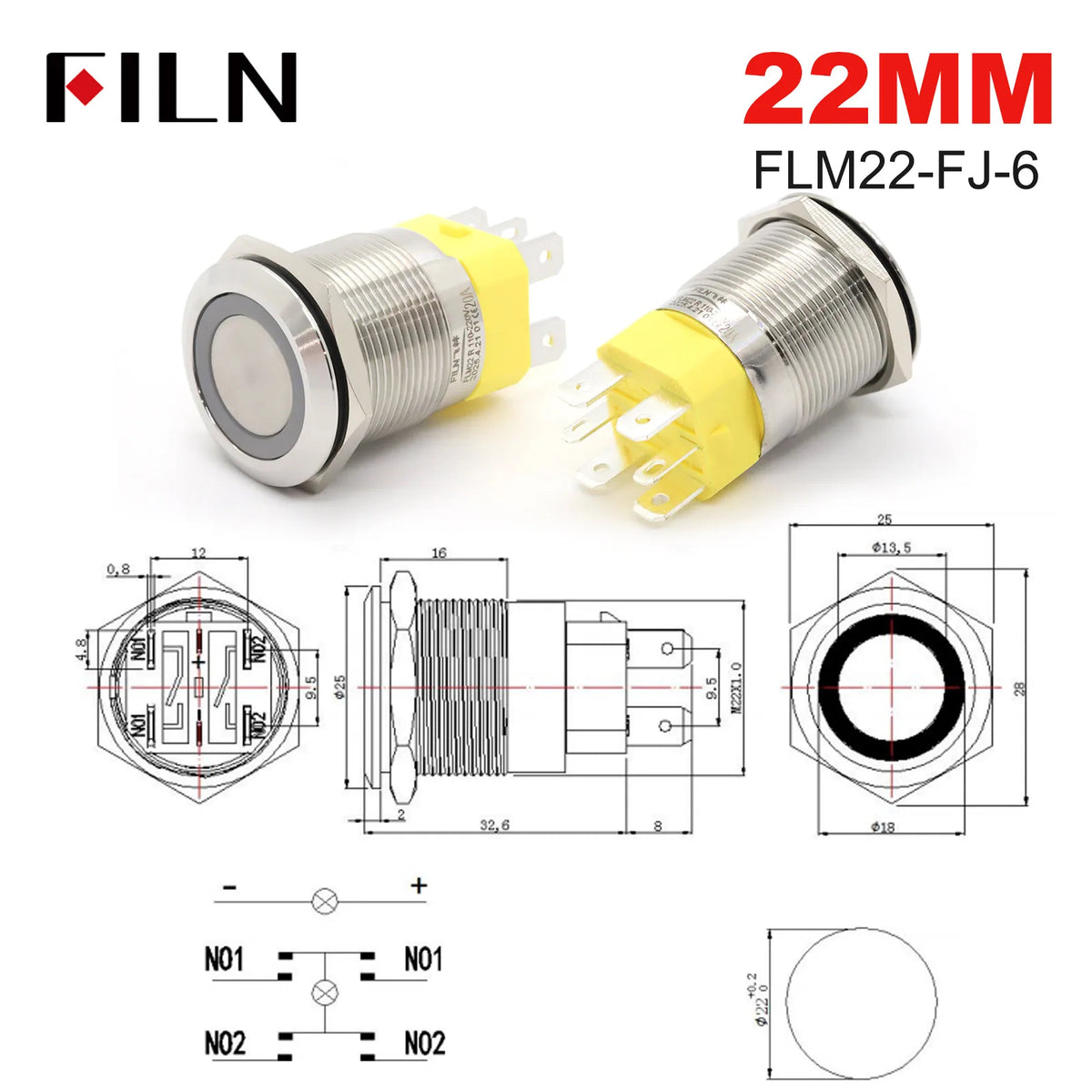 High Current 19mm 22mm 20A 12V 24V 110V 220V IP68 Waterproof Flat Ring Round Push Button Switch Metal Stainless Steel 20cm Wire