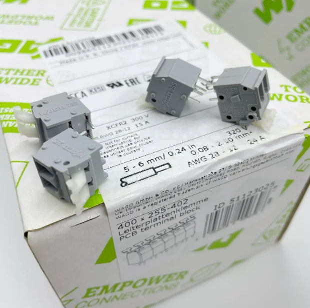 WAGO 255‑402 2‑Pole PCB Terminal Block, 5.08mm Pitch 0.08‑2.5mm² Cage‑Clamp Push‑Button Connector